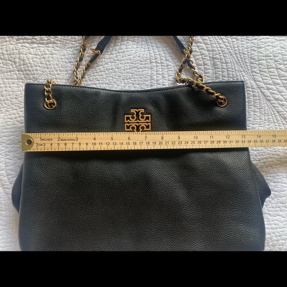 TORY BURCH Britten Pebbled Leather Slouchy Tote Handbag. Black - Picture 3 of 14
